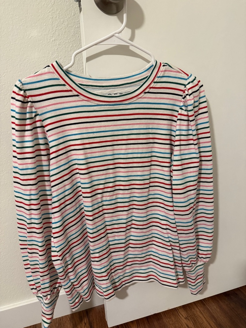 Women’s Long Sleeve Striped Tee in White with Multicolor Stripes